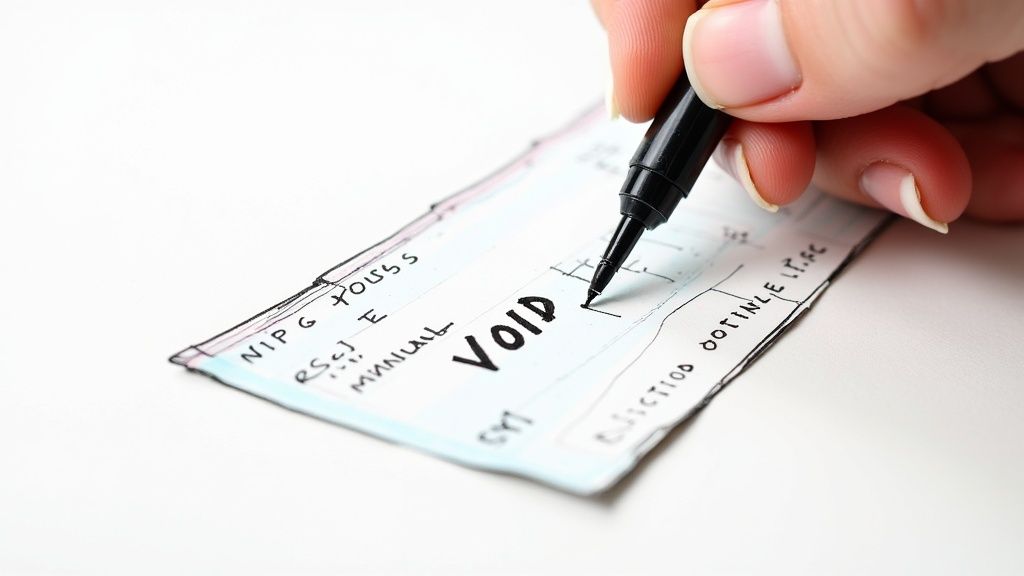 A hand holds a black marker, writing the word "VOID" across a white check.