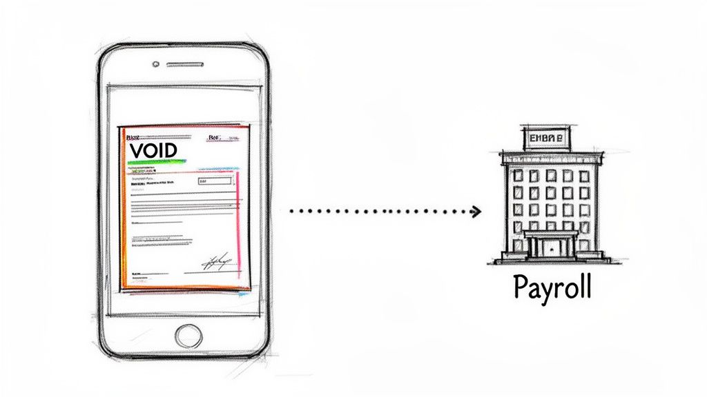 Digital void check submission from a smartphone to a payroll department building.