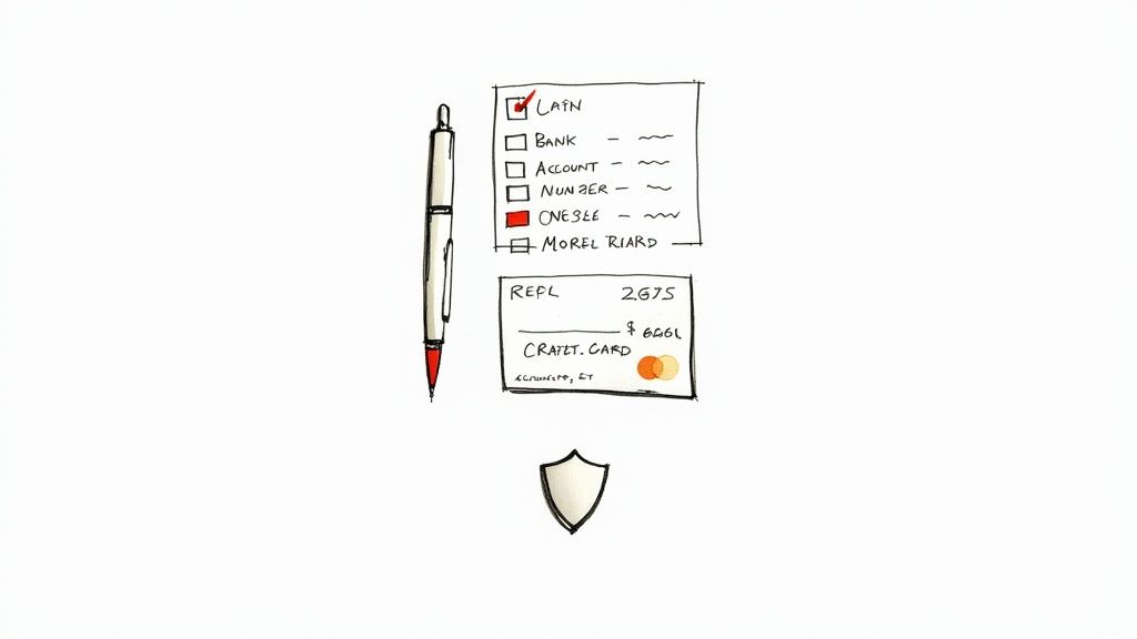 A hand-drawn illustration depicting a pen, a checklist, a credit card with payment details, and a security shield.