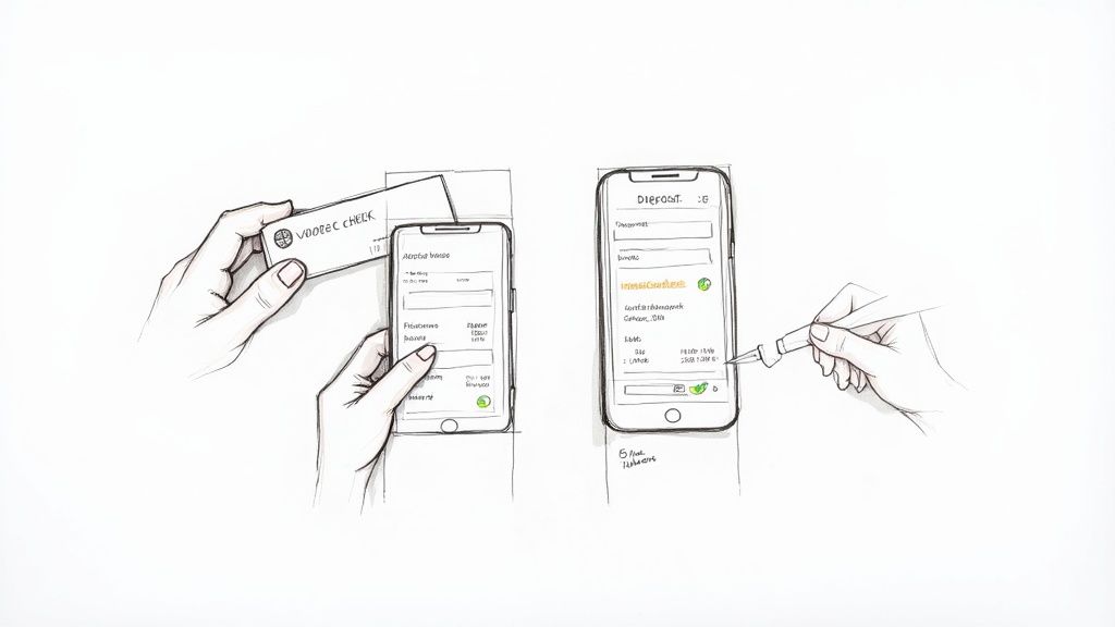 A close-up illustration of hands using smartphones to manage financial checks and direct deposits.