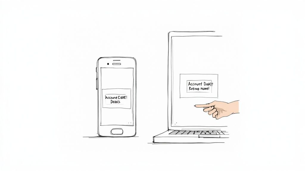 A line drawing depicts a smartphone and a laptop displaying bank account and routing details.