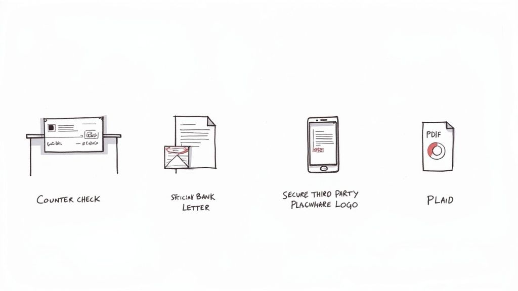 Illustrations showing four methods for bank account verification: a counter check, official bank letter, secure third-party app, and Plaid PDF.