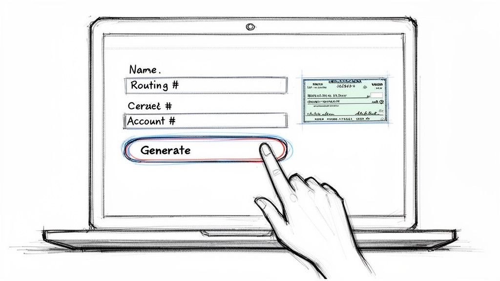 A hand points to a 'Generate' button on a laptop screen showing fields for banking information and a check.