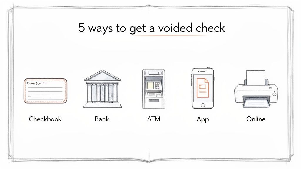 An illustration showing five methods to obtain a voided check: checkbook, bank, ATM, app, and online.