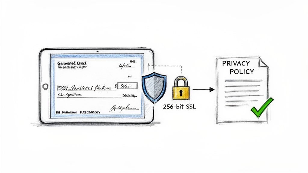 A tablet displays a generated check, secured by a shield and 256-bit SSL, connecting to a privacy policy document with a green checkmark.
