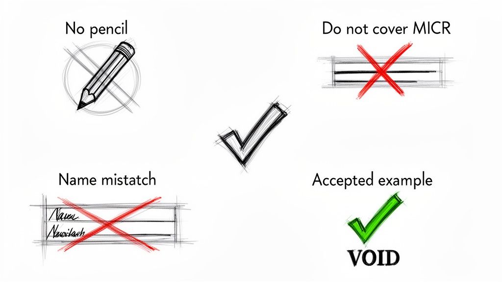 Visual examples showing correct and incorrect methods for voiding a check, including rules against pencils and covering MICR.