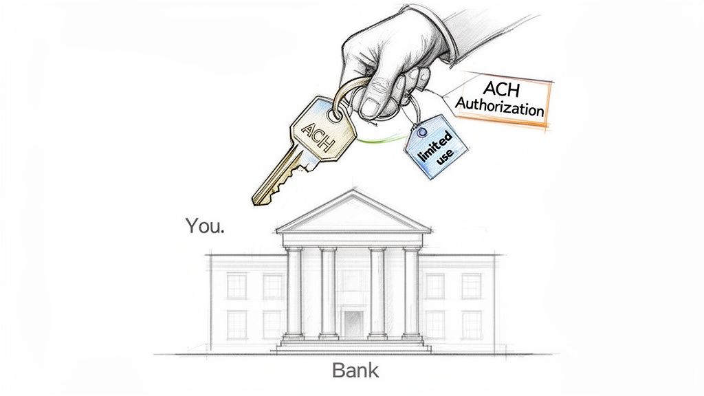 A hand holds an ACH key and a 'limited use' ACH Authorization tag over a bank building.