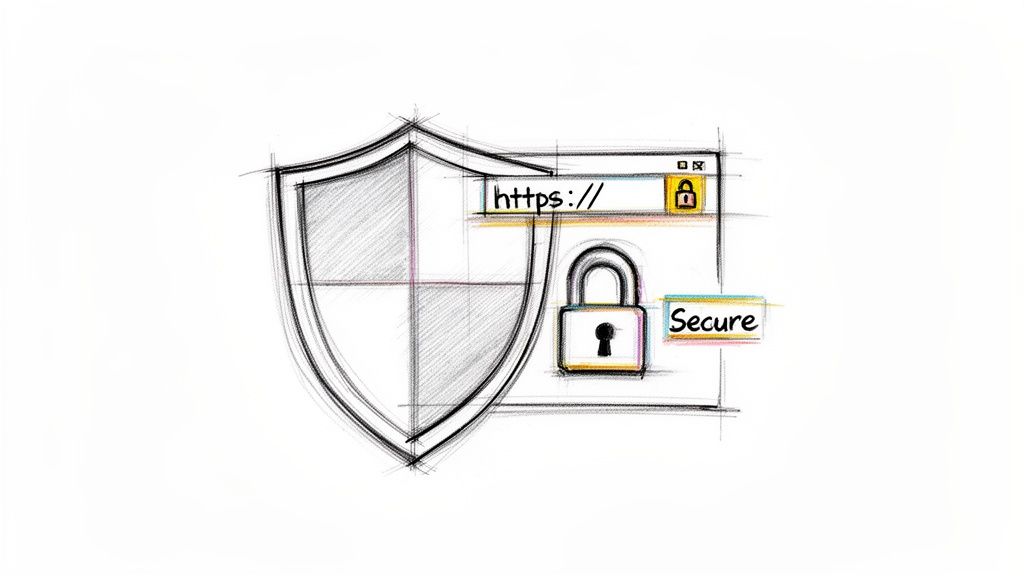 A sketch showing a shield, a browser with 'https://' and a lock icon, and a padlock with 'Secure', symbolizing web security.