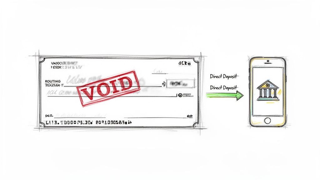 A voided check next to a smartphone showing a bank, illustrating direct deposit setup.