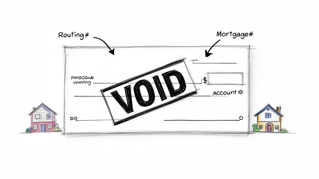 A hand-drawn sketch of a voided check with labels for routing, mortgage, and account numbers.