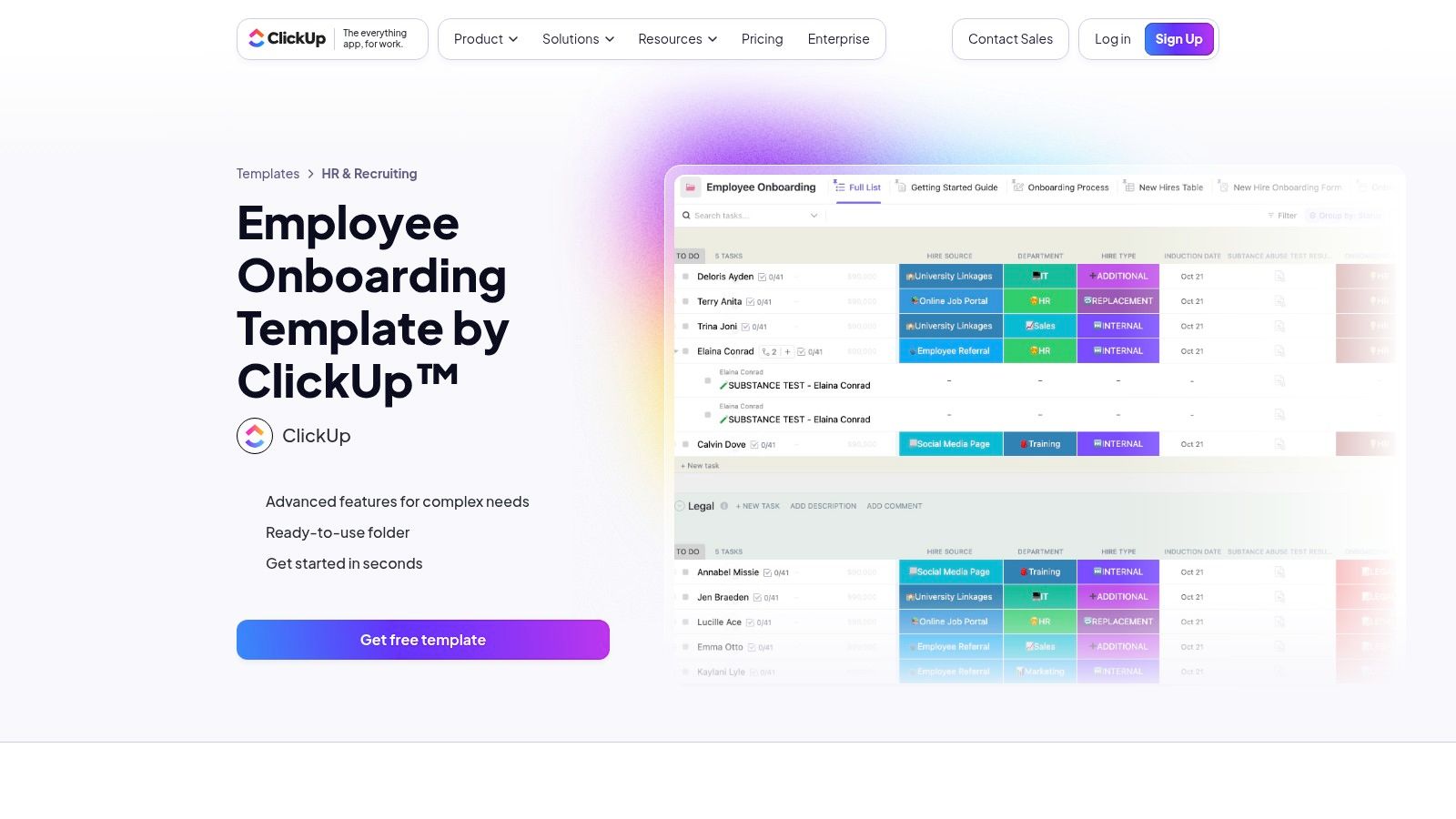 A screenshot of the ClickUp platform showing a detailed employee onboarding checklist template organized as a project with various tasks, assignees, and due dates.