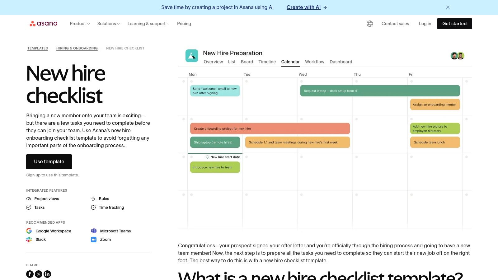 A screenshot of the Asana onboarding calendar template, showing tasks and timelines laid out in a visual calendar view.