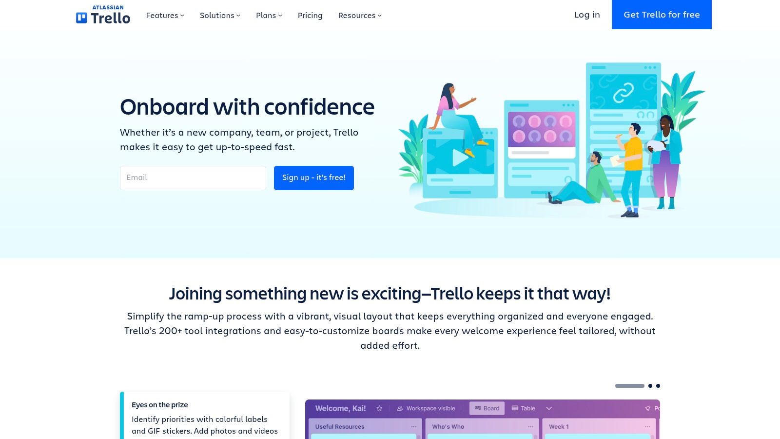 A screenshot of a Trello board template for new hire onboarding, showing columns for different stages and cards for individual tasks.
