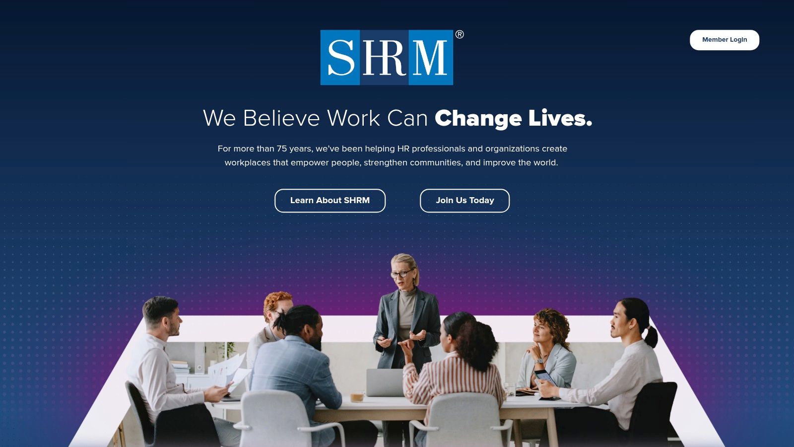 A team meeting shown on the SHRM (Society for Human Resource Management) website, representing professional development and onboarding.
