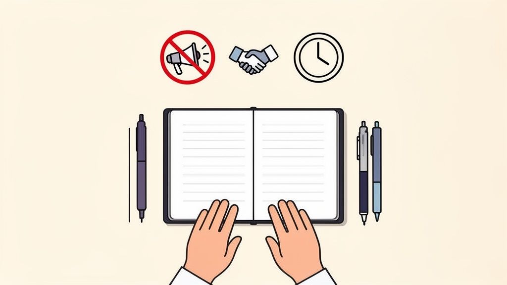 Hands ready to write in an open notebook, with icons for silence, agreement, and time.