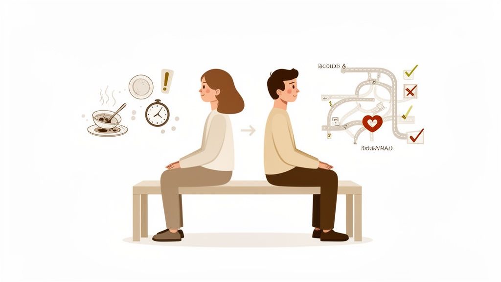 An illustration of a couple sitting back-to-back, thinking about different life priorities and challenges.