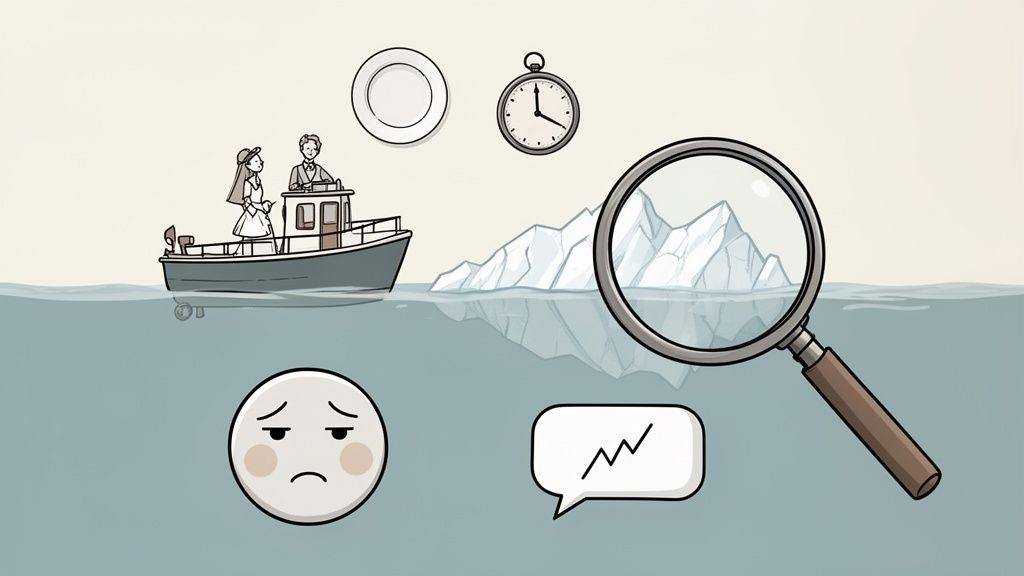 Illustration of a couple on a boat near icebergs, with symbols of time, emotion, and investigation.