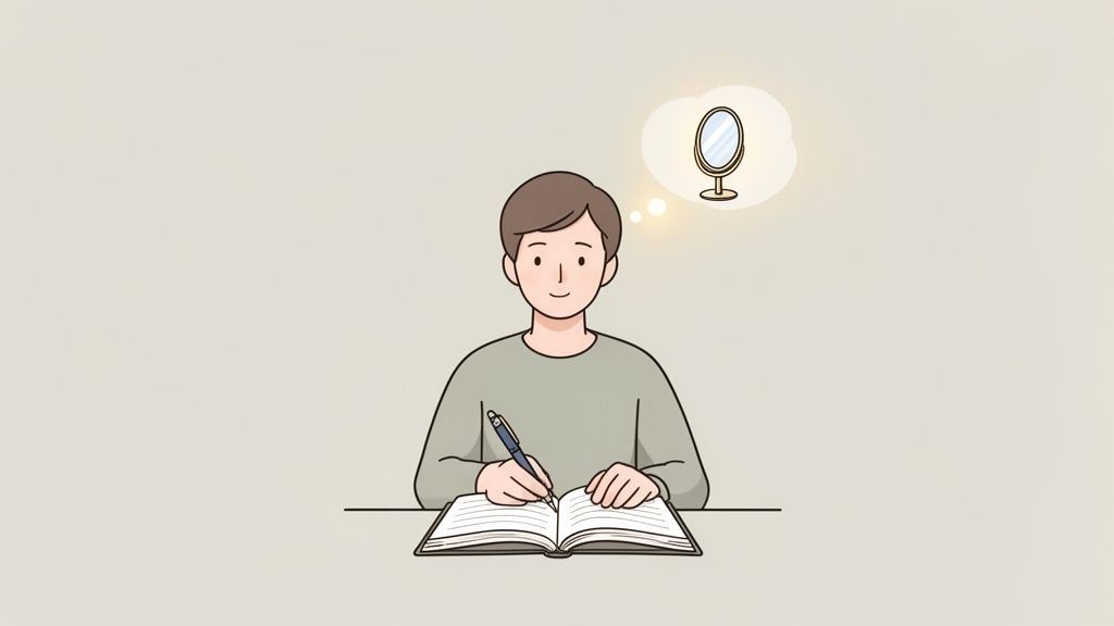 A person writes in a notebook, contemplating a mirror, representing introspection and self-awareness.