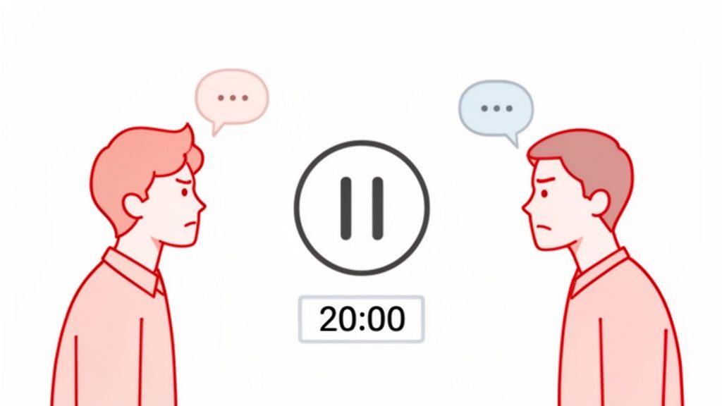 Two men pause communication with thought bubbles, a pause button, and a 20-minute timer.