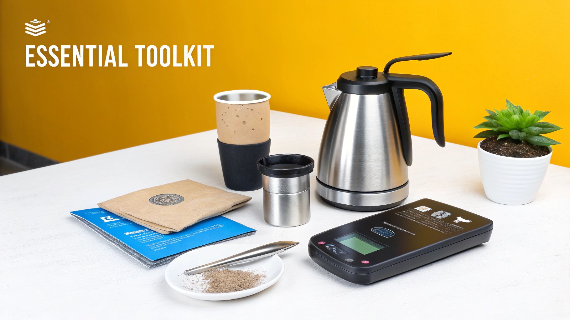An essential toolkit for preparing beverages, featuring an electric kettle, travel mugs, scale, and ingredients on a white table.