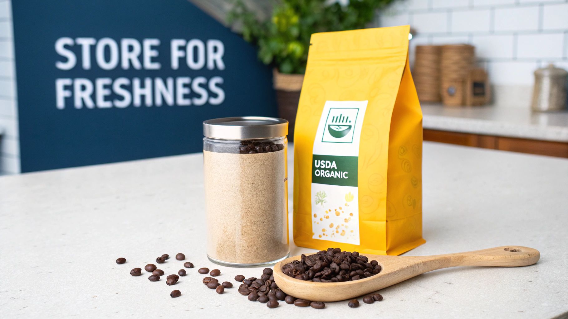 Organic dark roast coffee beans in a spoon, storage jar, and yellow USDA Organic bag.