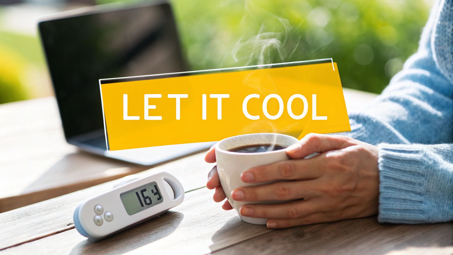 Person holding a hot coffee cup, a digital thermometer displays 164, with 'LET IT COOL' advice.
