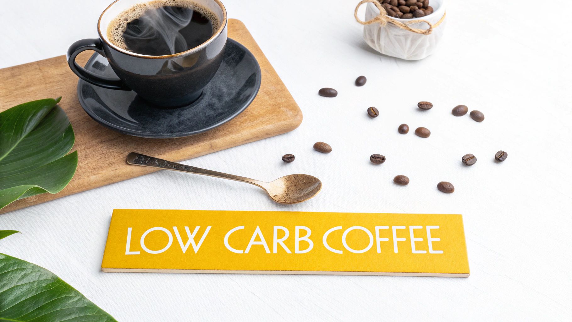 A steaming cup of low carb coffee, a spoon, coffee beans, and a yellow 'LOW CARB COFFEE' sign.