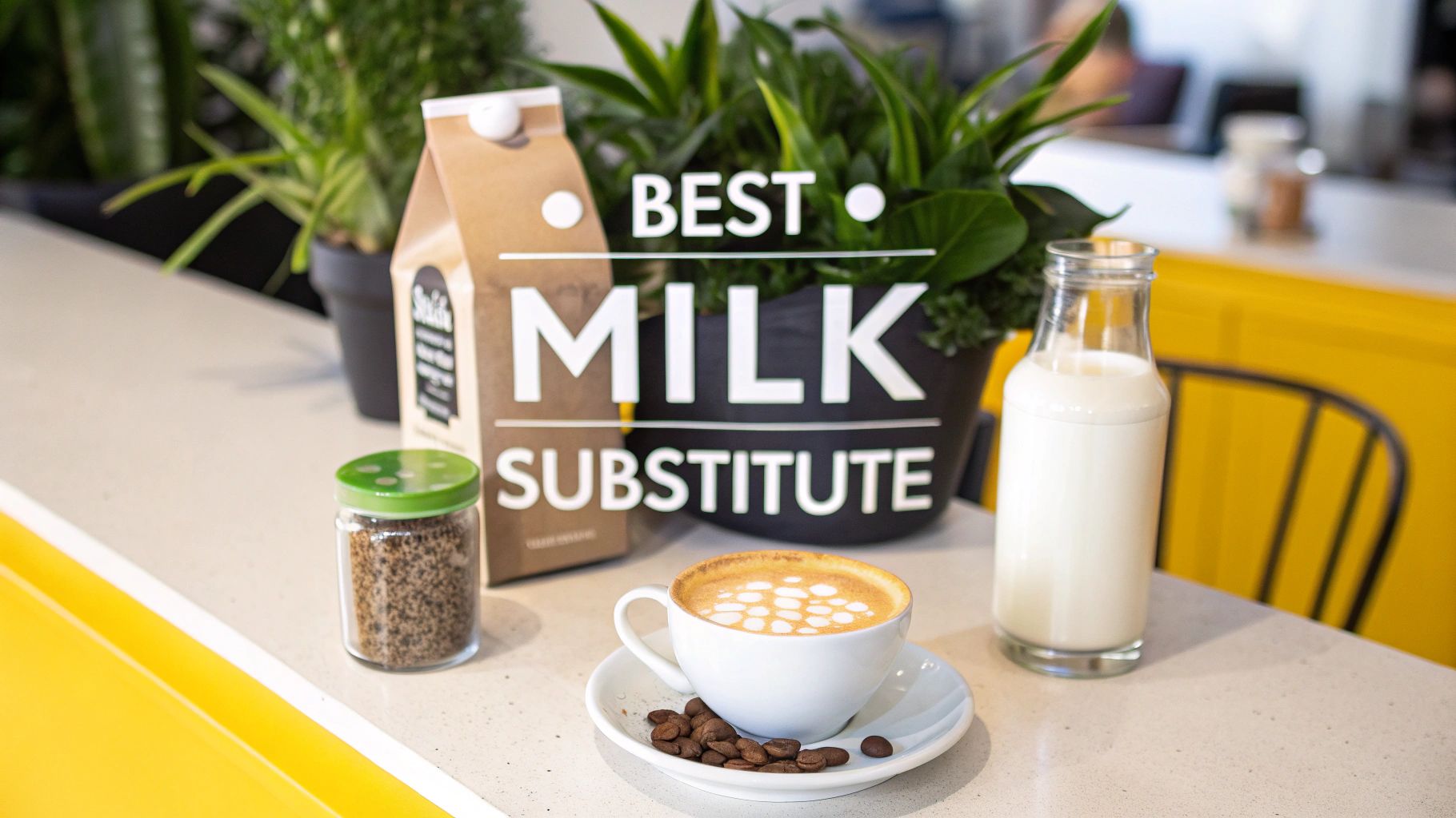 A carton labeled 'Best Milk Substitute' displayed with a coffee cup, milk bottle, and spices.