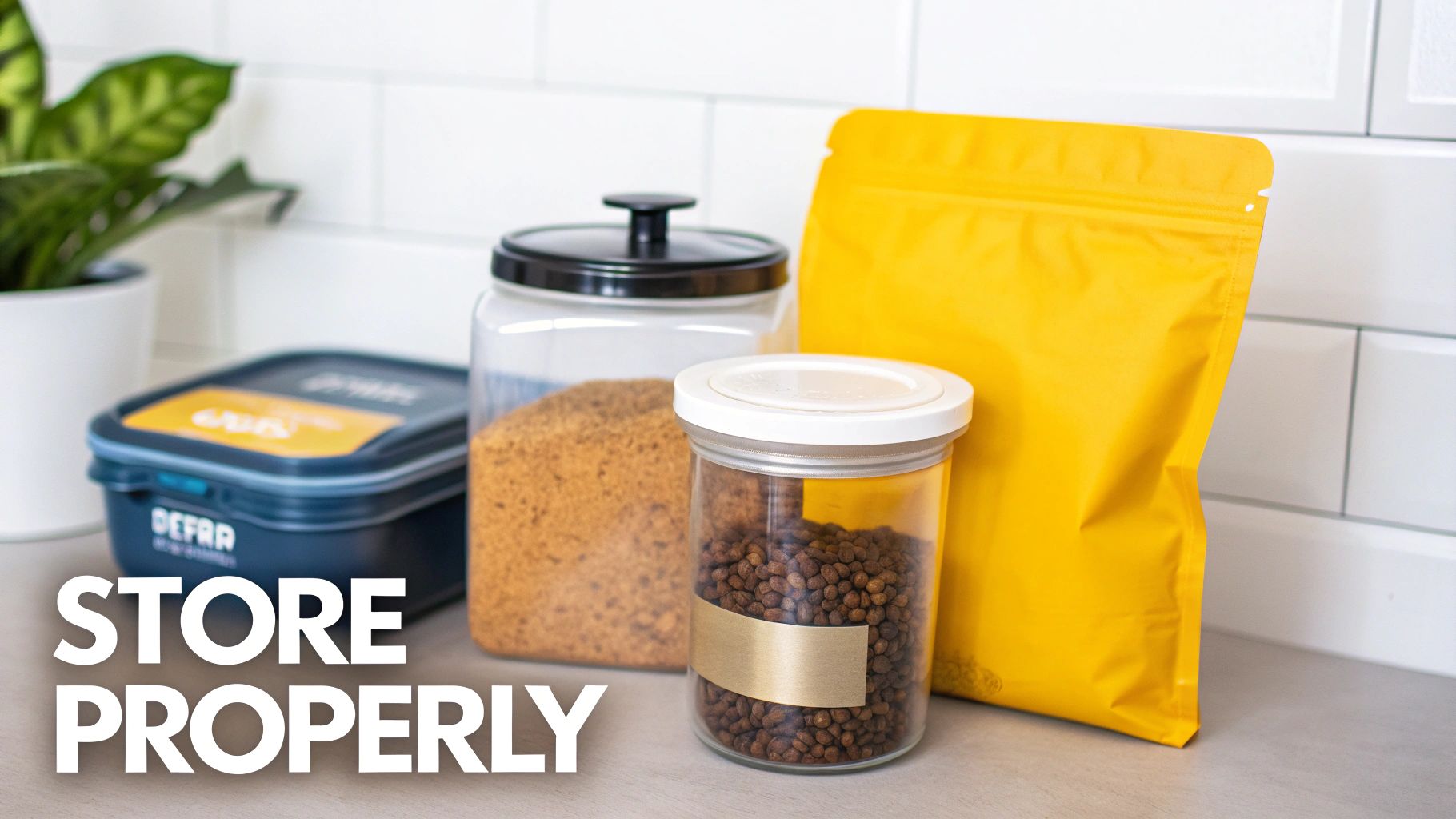 Various food storage containers, including jars and a yellow pouch, on a kitchen counter.