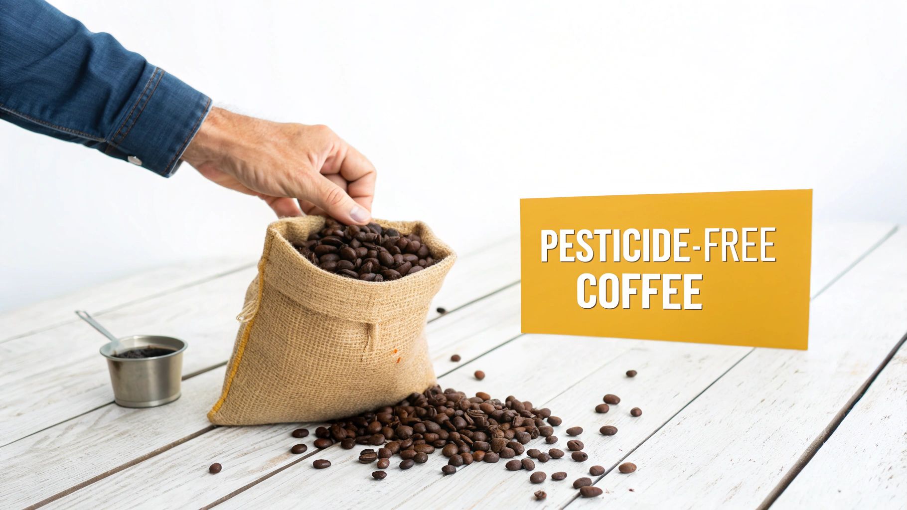 An aerial view of a person's hands holding a cup of coffee and a pastry on a wooden table, next to a laptop.