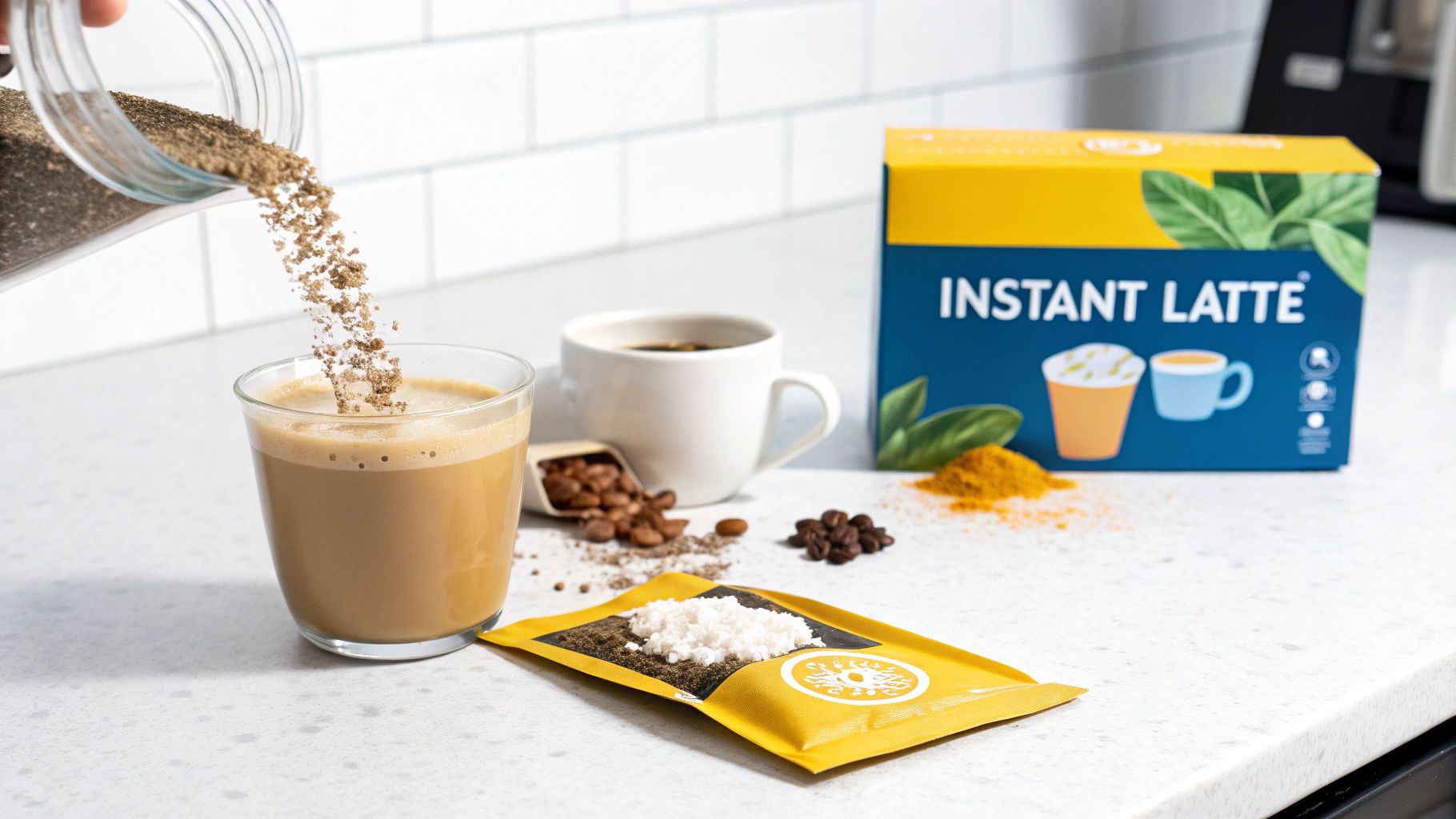 A freshly prepared cup of instant latte coffee with creamy foam on a wooden table.