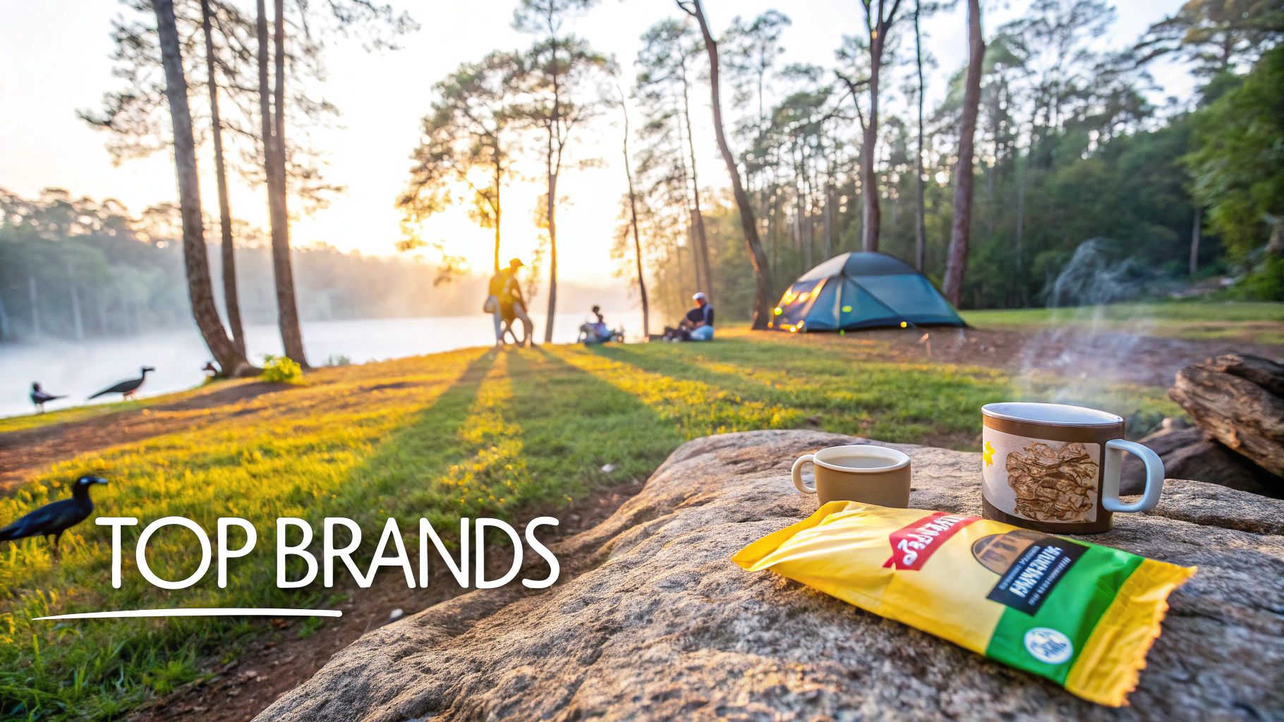 A person pouring hot water from a kettle into a camping mug with instant coffee granules at a scenic campsite.
