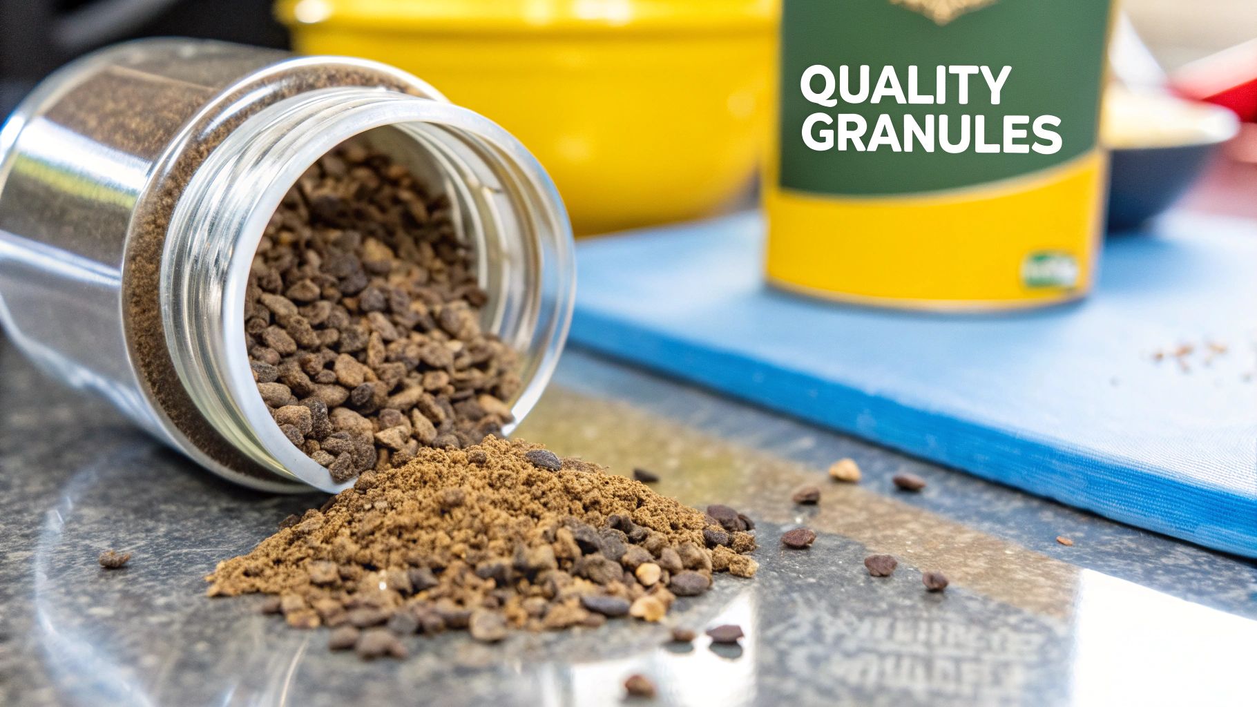 A scoop of high-quality instant coffee granules being poured into a white mug.