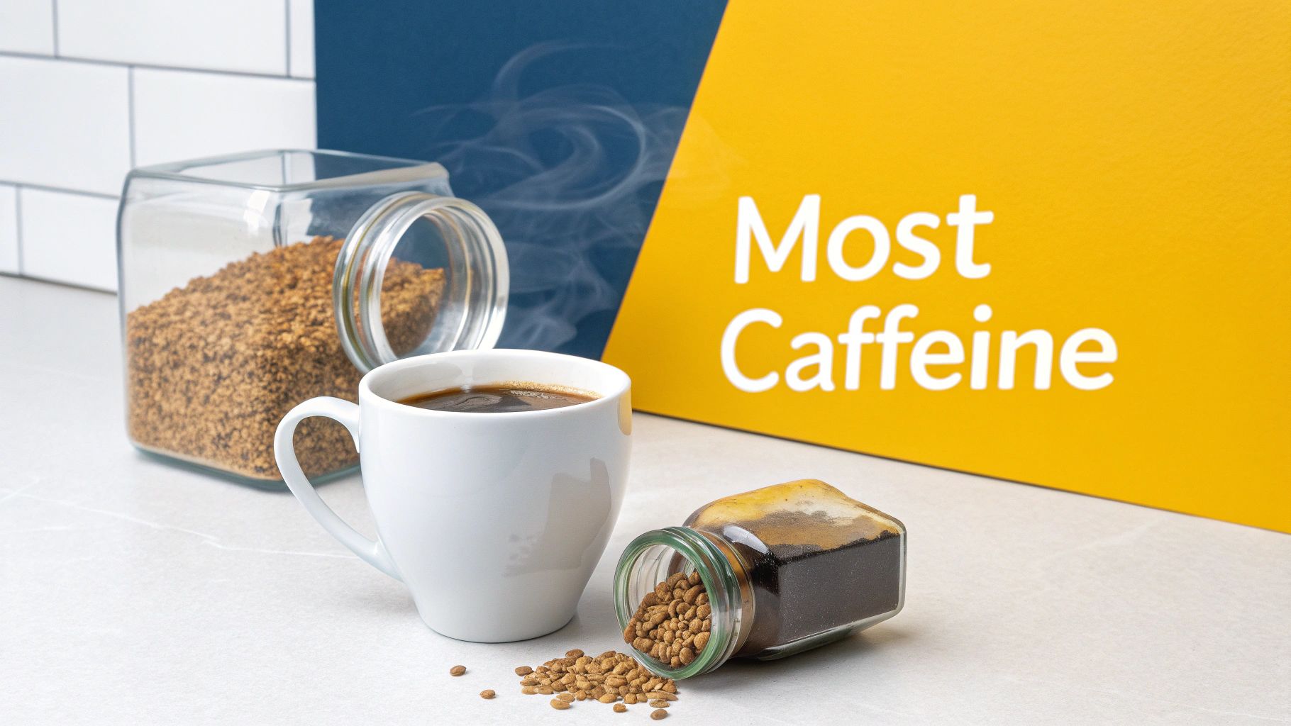 A steaming cup of black coffee next to instant coffee granules and a 'Most Caffeine' sign.
