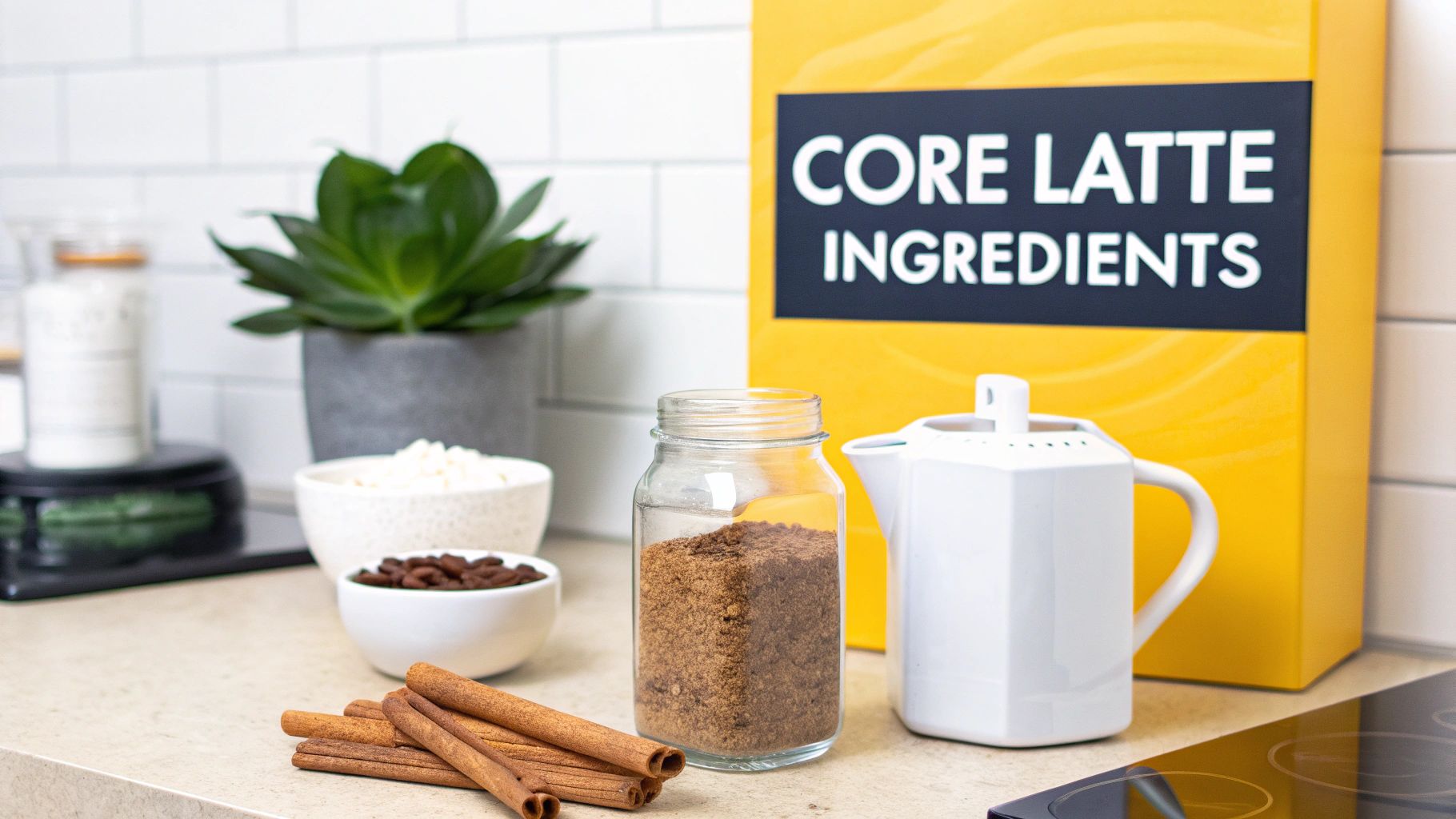Several jars of Cartograph Coffee instant coffee next to a cup, a milk frother, and coffee beans.