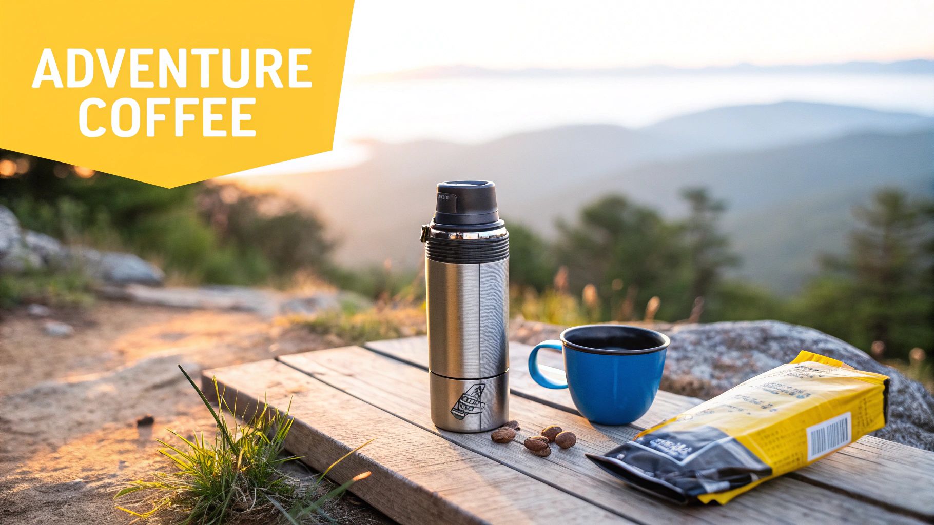 Stainless steel adventure coffee maker, blue mug, coffee beans, and a bag on a wooden table with mountains at sunrise.
