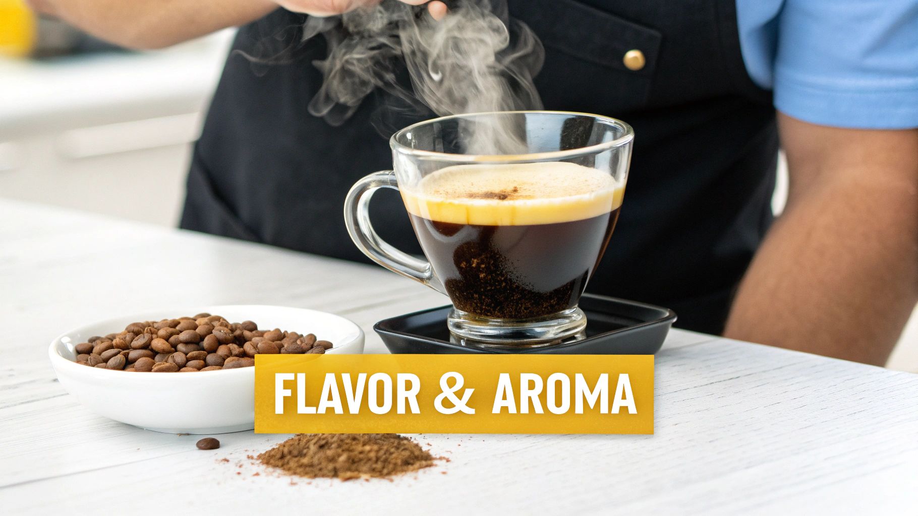 A close-up shot of a rich, aromatic cup of freshly brewed coffee, with steam rising from it.