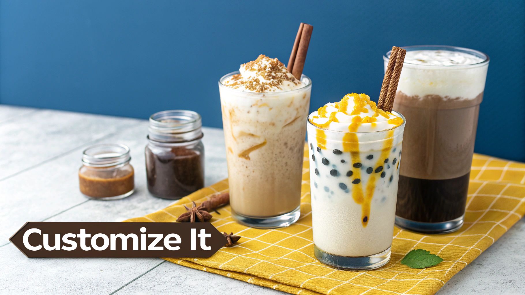 Three customizable iced drinks with various toppings and ingredients like boba, cinnamon, and caramel.