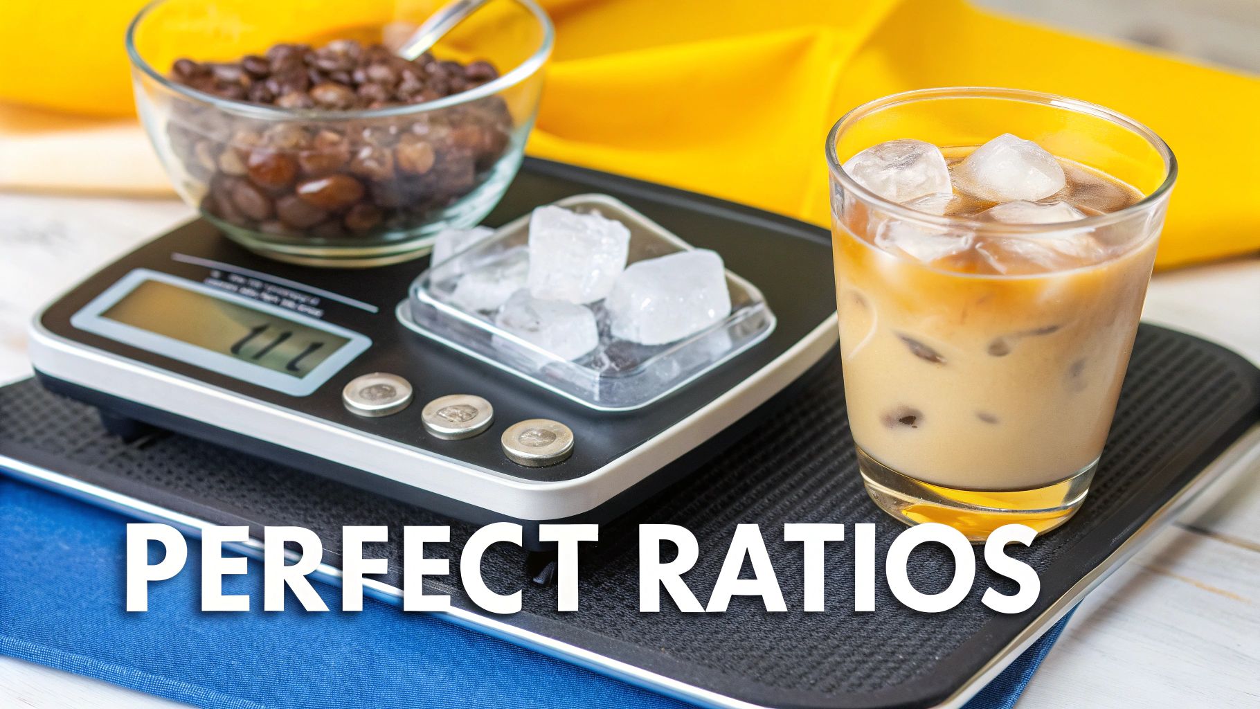 Digital scale measuring coffee beans and ice, next to a refreshing glass of iced coffee.