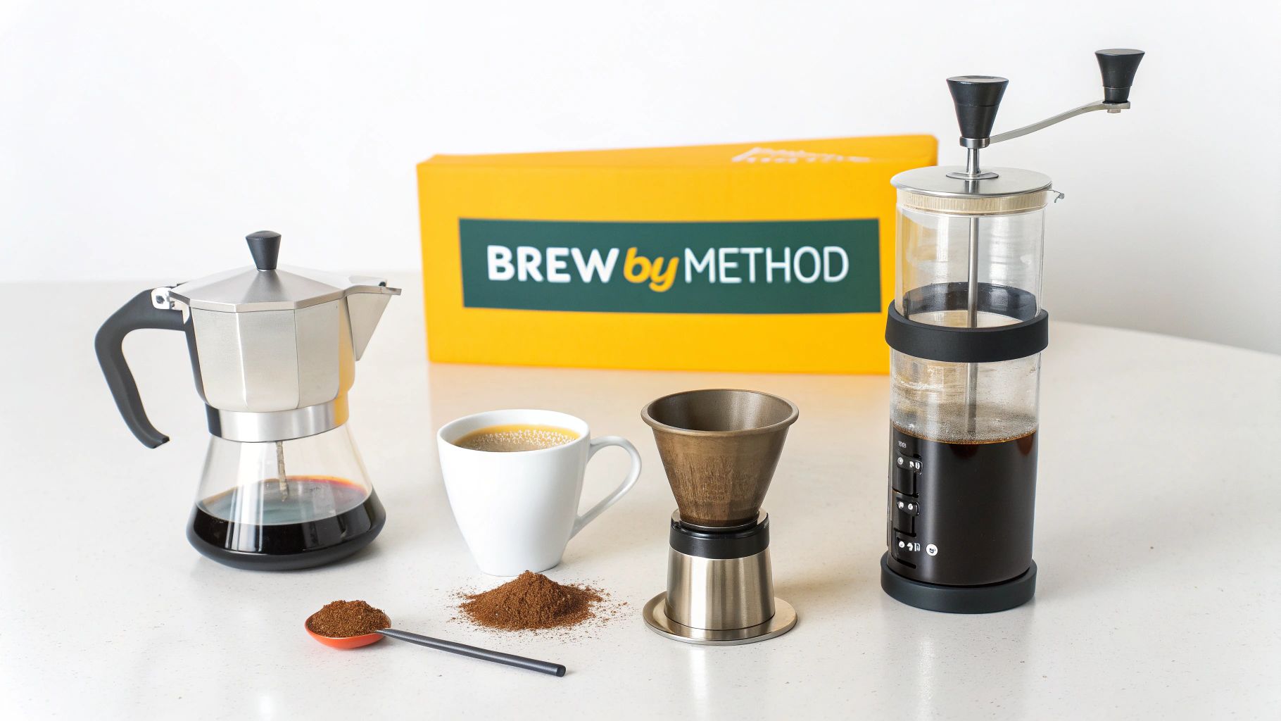 A collection of various coffee brewing tools including a moka pot, pour-over dripper, and cold brew maker, with coffee grounds.