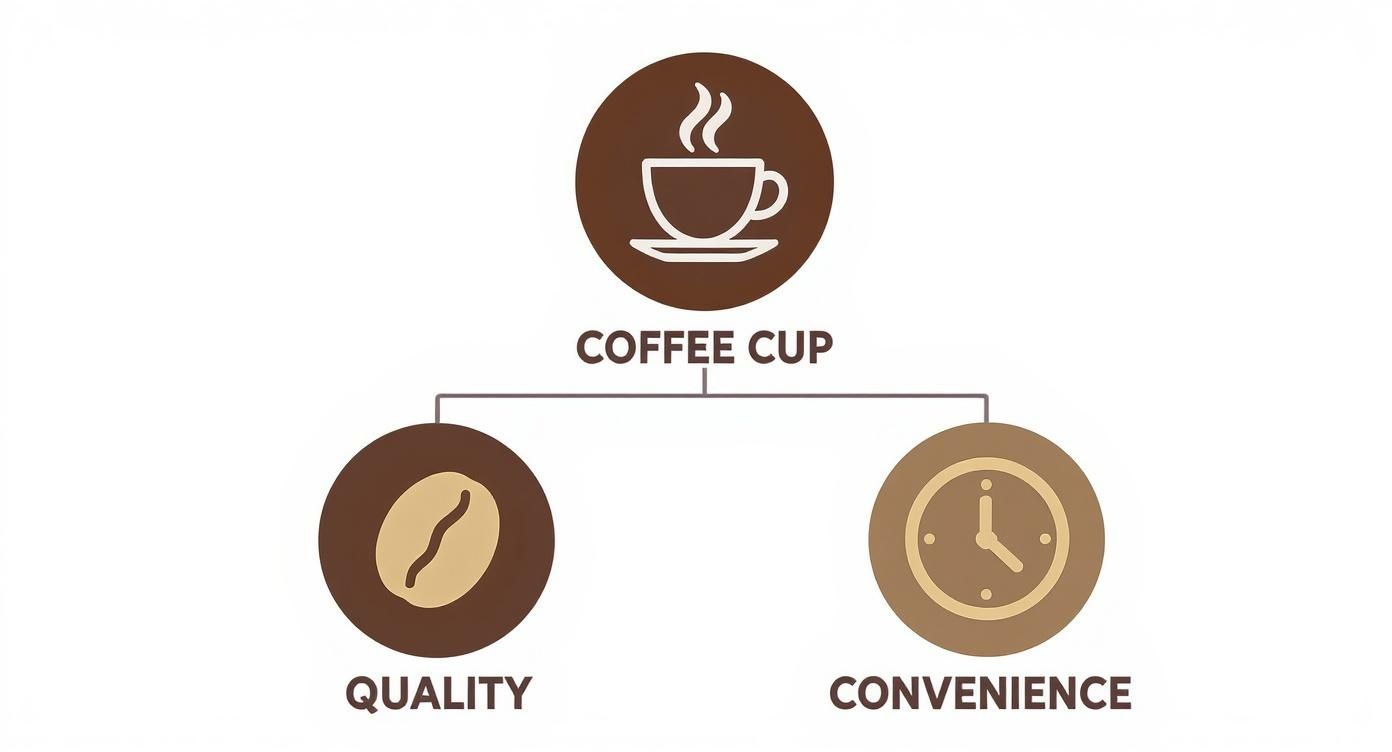 A diagram illustrating a coffee cup connected to two concepts: quality (represented by a coffee bean) and convenience (represented by a clock).