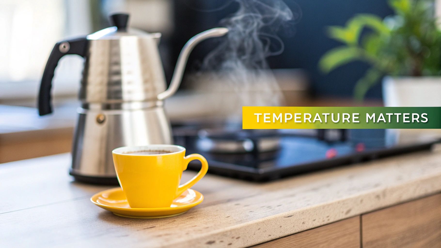 Steaming hot coffee in a yellow cup with a Moka pot on a kitchen counter.