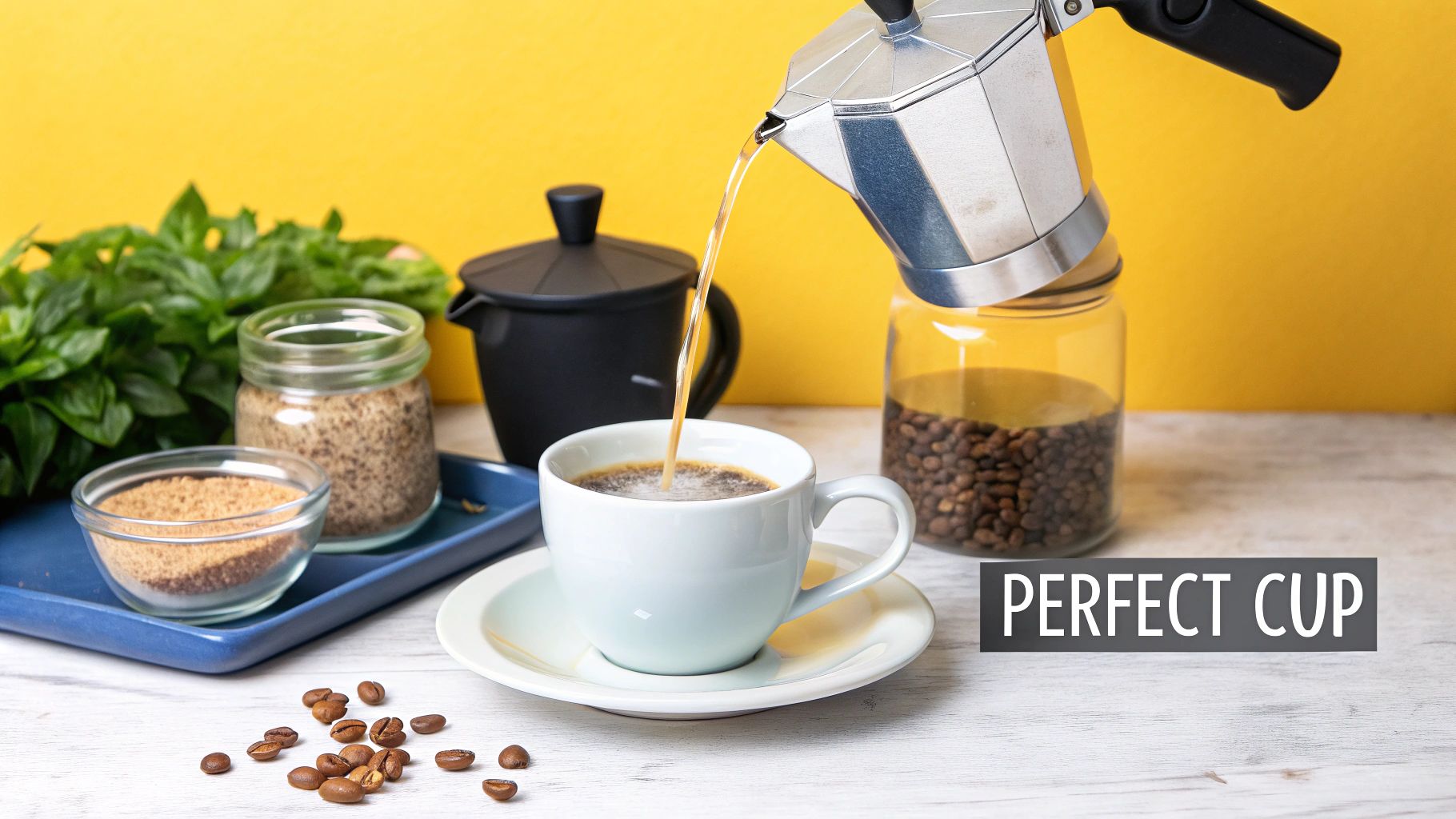 A Moka pot pouring fresh coffee into a light blue cup on a white wooden table.