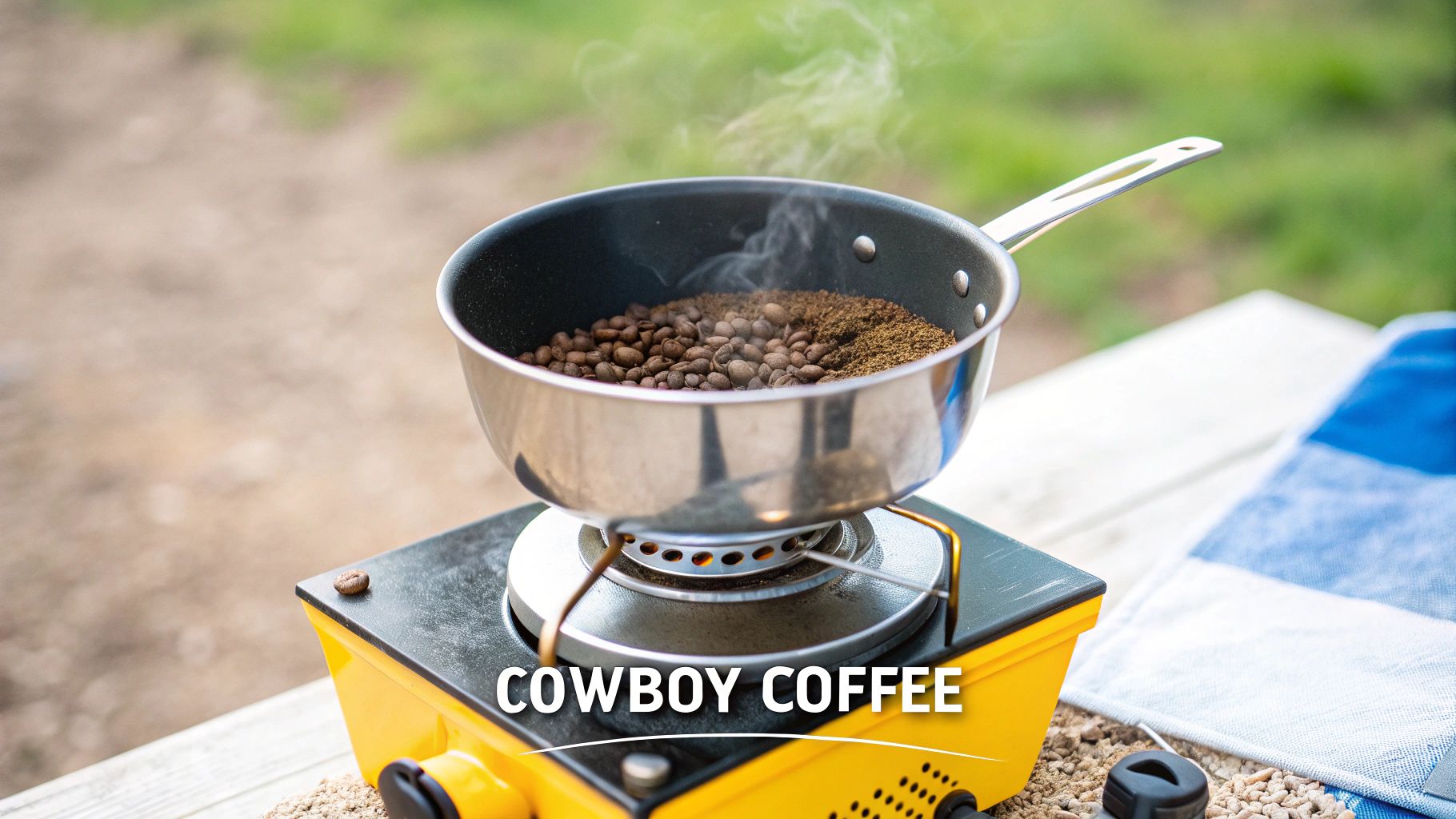 A pot of coffee beans and ground coffee steaming on a yellow camping stove, labeled 'Cowboy Coffee'.