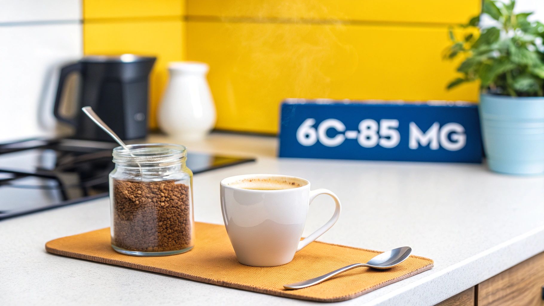 A jar of instant coffee granules, a steaming white cup of coffee, and a spoon on a placemat.