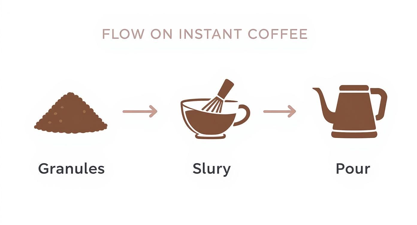 A visual guide illustrating the steps to make instant coffee: granules, slurry, and pour.