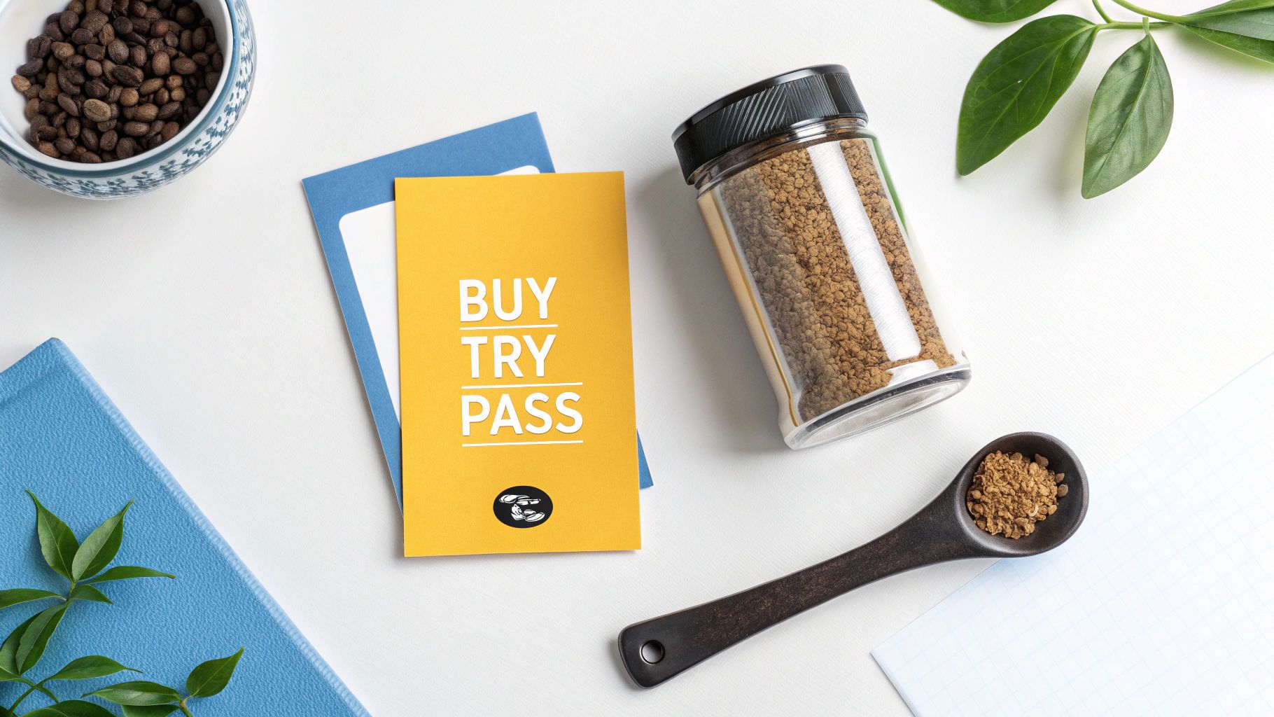 Flat lay of instant coffee jar, spoon, roasted coffee beans, and a 'BUY TRY PASS' card on white.