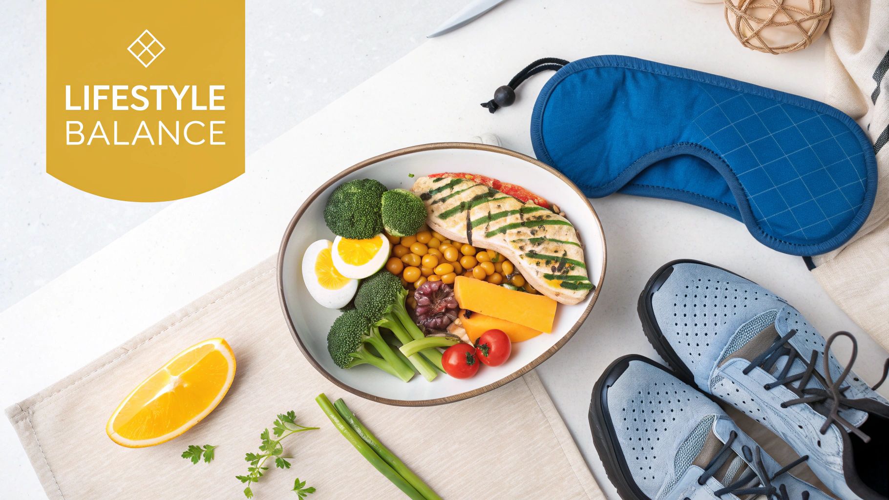 A healthy lifestyle flatlay with grilled chicken, vegetables, eggs, a sleep mask, and athletic shoes.