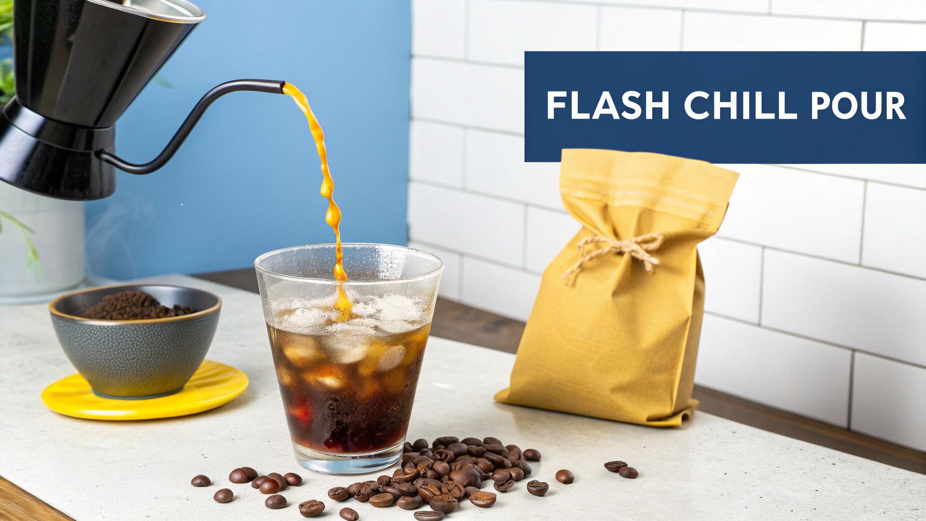 A black pour-over coffee maker flash-chilling coffee into a glass of ice with coffee beans.