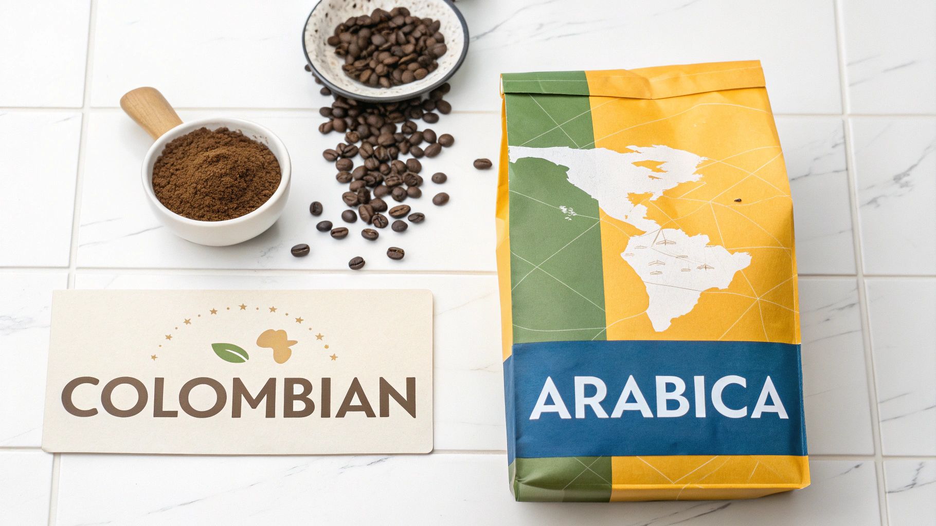 A display of Colombian Arabica coffee, including a bag, ground coffee, and whole beans on white tiles.